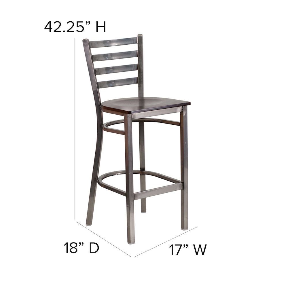 Clear Coated Ladder Back Metal Restaurant Barstool - Walnut Wood Seat. Picture 6