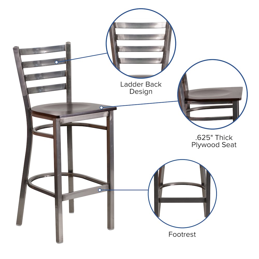 Clear Coated Ladder Back Metal Restaurant Barstool - Walnut Wood Seat. Picture 5