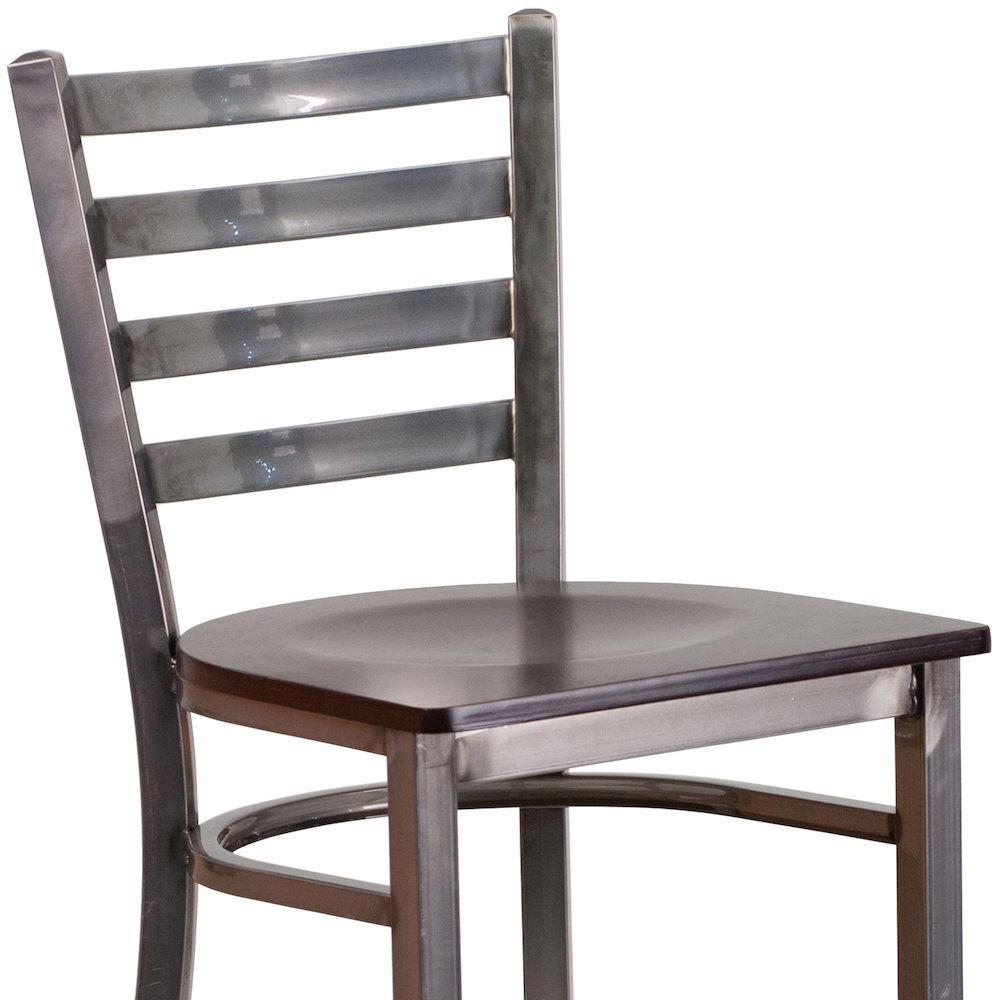 Clear Coated Ladder Back Metal Restaurant Barstool - Walnut Wood Seat. Picture 5