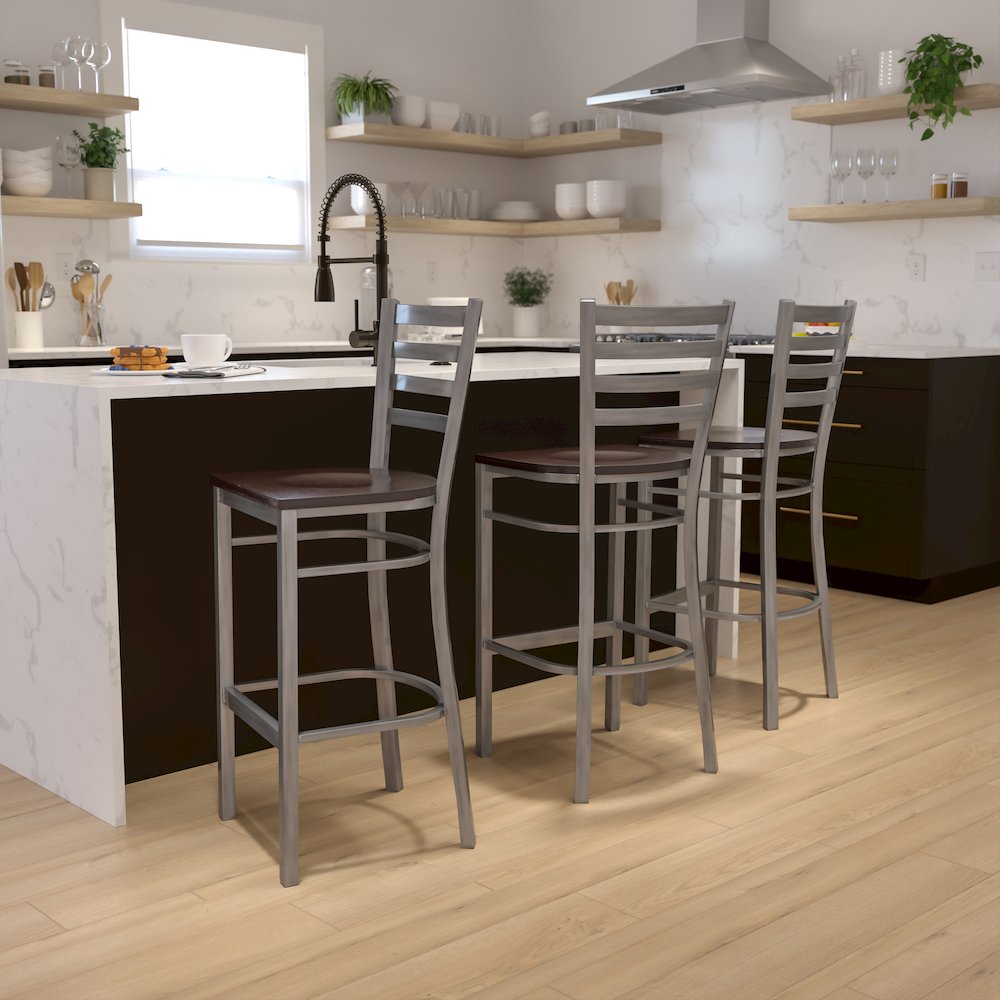 Clear Coated Ladder Back Metal Restaurant Barstool - Walnut Wood Seat. Picture 2