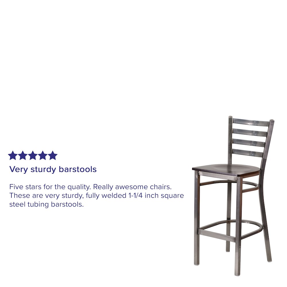 Clear Coated Ladder Back Metal Restaurant Barstool - Walnut Wood Seat. Picture 7