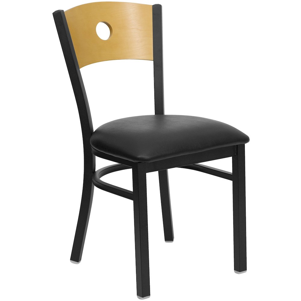 Black Circle Back Metal Restaurant Chair - Natural Wood Back, Black Vinyl Seat. Picture 1