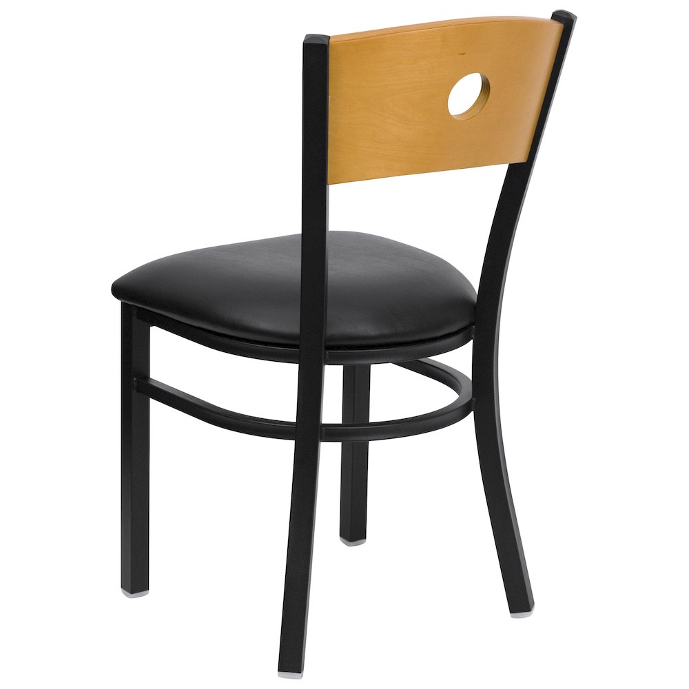 Black Circle Back Metal Restaurant Chair - Natural Wood Back, Black Vinyl Seat. Picture 4