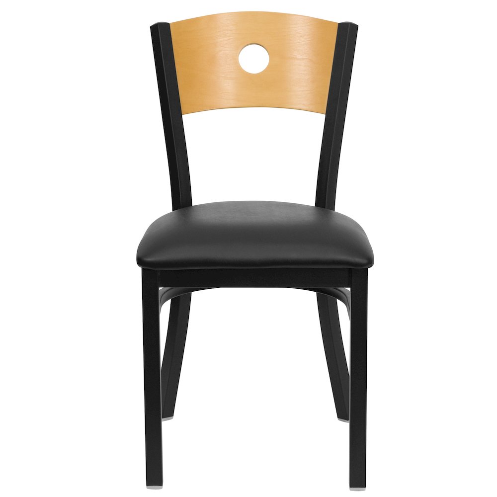 Black Circle Back Metal Restaurant Chair - Natural Wood Back, Black Vinyl Seat. Picture 6