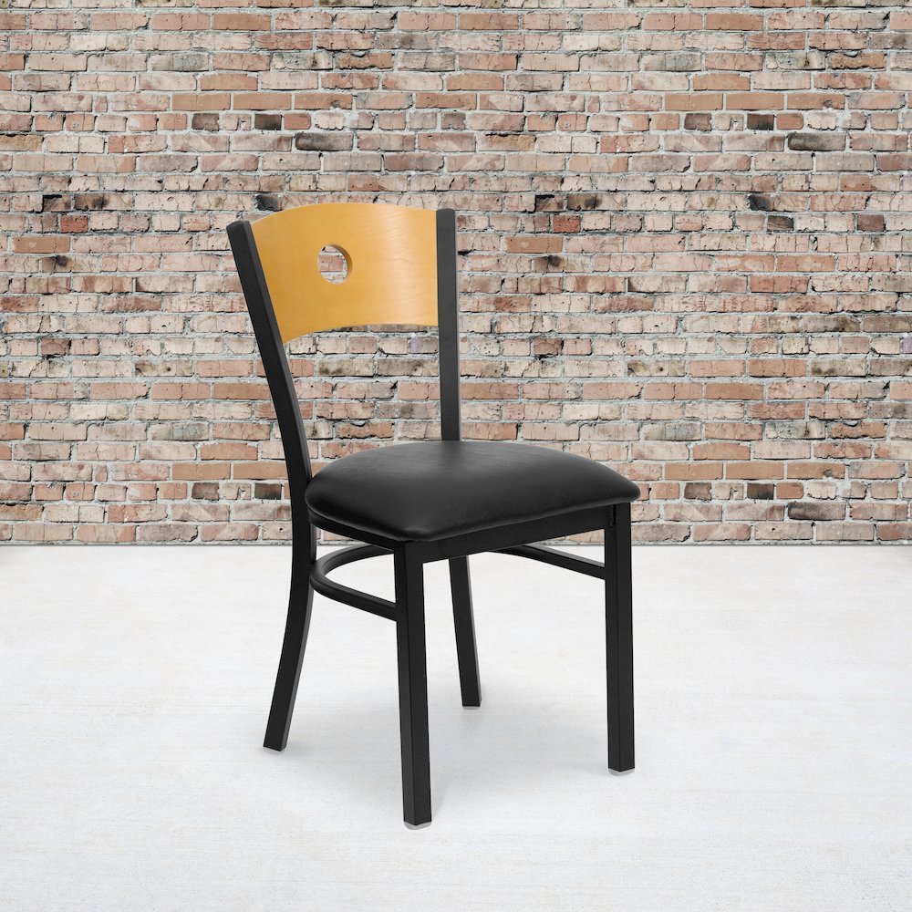 Black Circle Back Metal Restaurant Chair - Natural Wood Back, Black Vinyl Seat. Picture 2