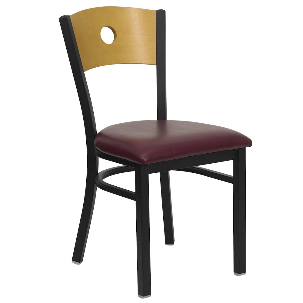 Black Circle Back Metal Restaurant Chair - Natural Wood Back, Burgundy Vinyl Seat. Picture 1