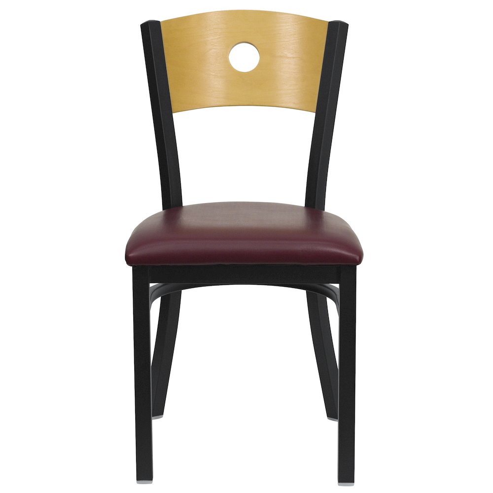 Black Circle Back Metal Restaurant Chair - Natural Wood Back, Burgundy Vinyl Seat. Picture 4