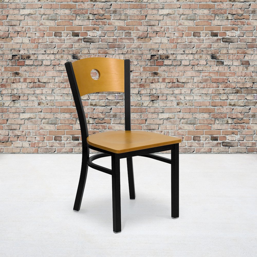 Black Circle Back Metal Restaurant Chair - Natural Wood Back & Seat. Picture 2