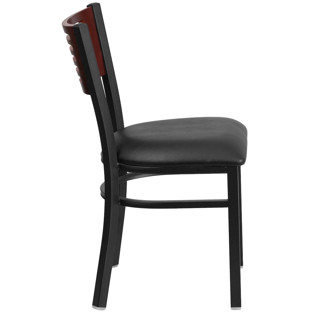 Black Slat Back Metal Restaurant Chair - Mahogany Wood Back, Black Vinyl Seat. Picture 5