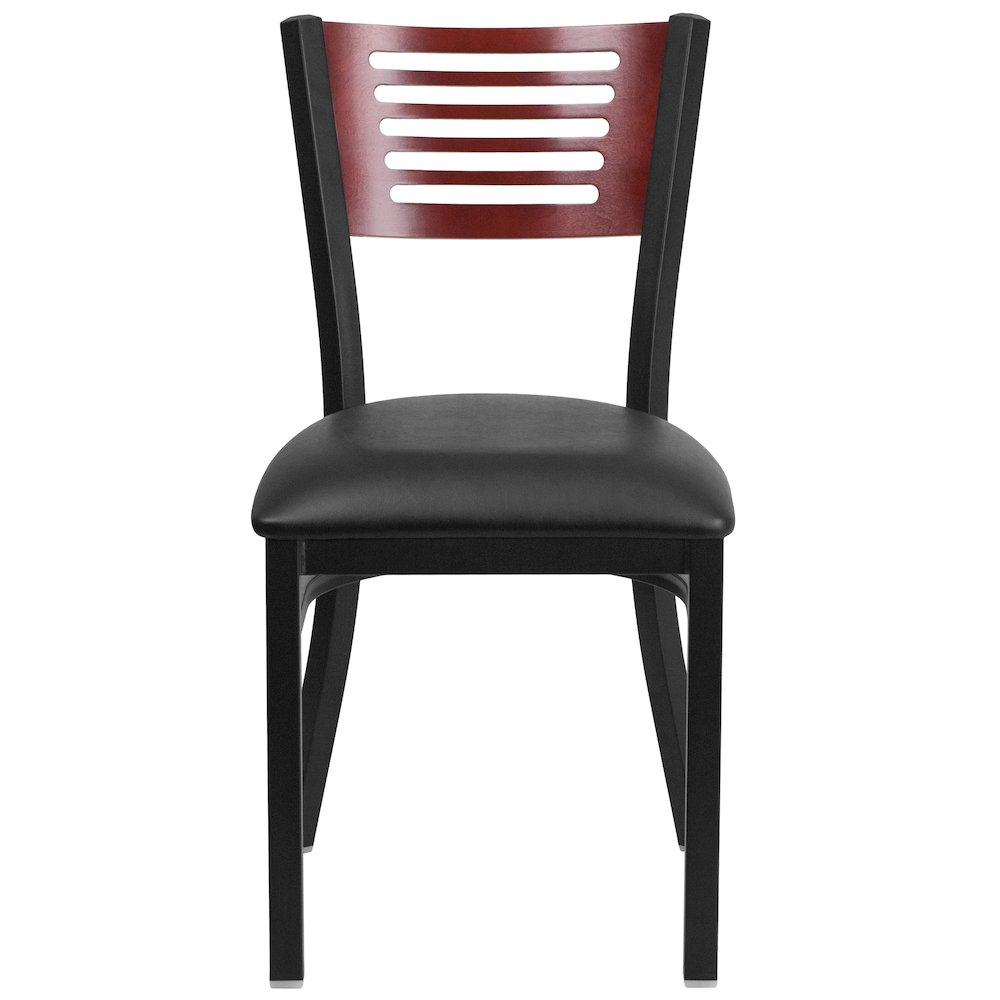 Black Slat Back Metal Restaurant Chair - Mahogany Wood Back, Black Vinyl Seat. Picture 6