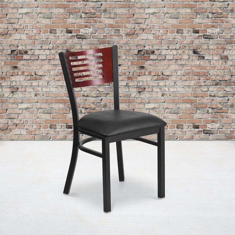Black Slat Back Metal Restaurant Chair - Mahogany Wood Back, Black Vinyl Seat. Picture 2