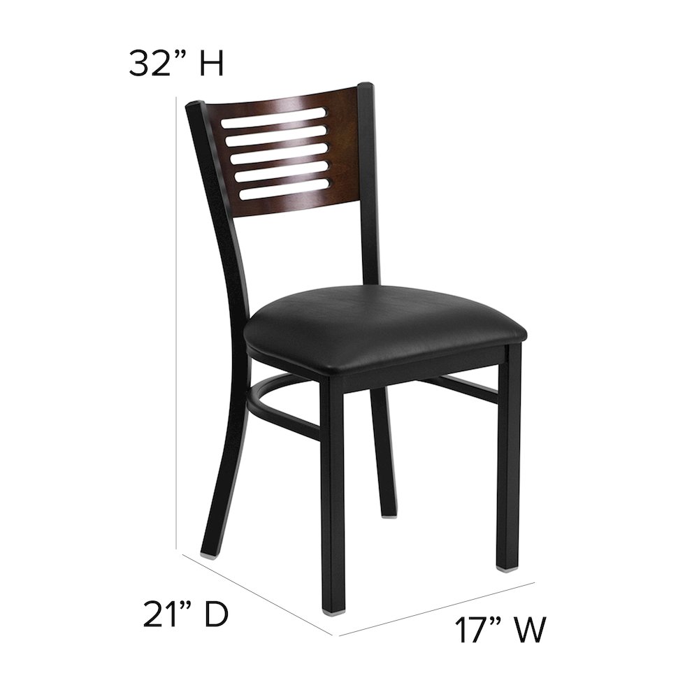 Black Slat Back Metal Restaurant Chair - Walnut Wood Back, Black Vinyl Seat. Picture 4