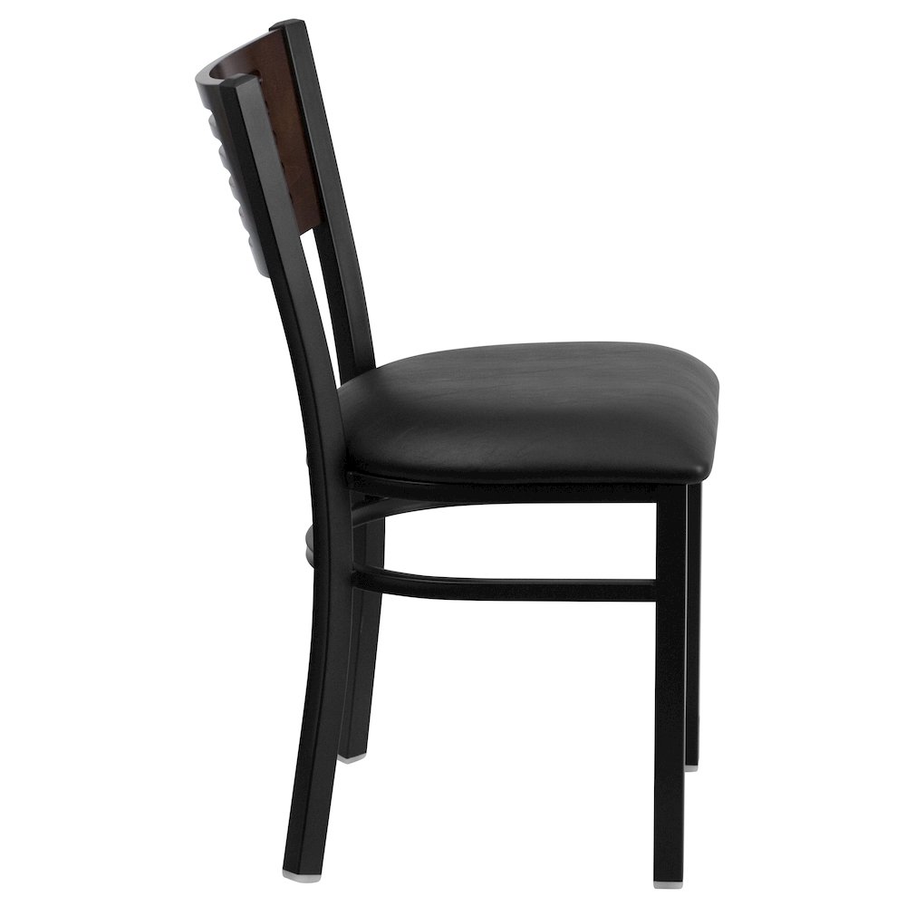 Black Slat Back Metal Restaurant Chair - Walnut Wood Back, Black Vinyl Seat. Picture 7