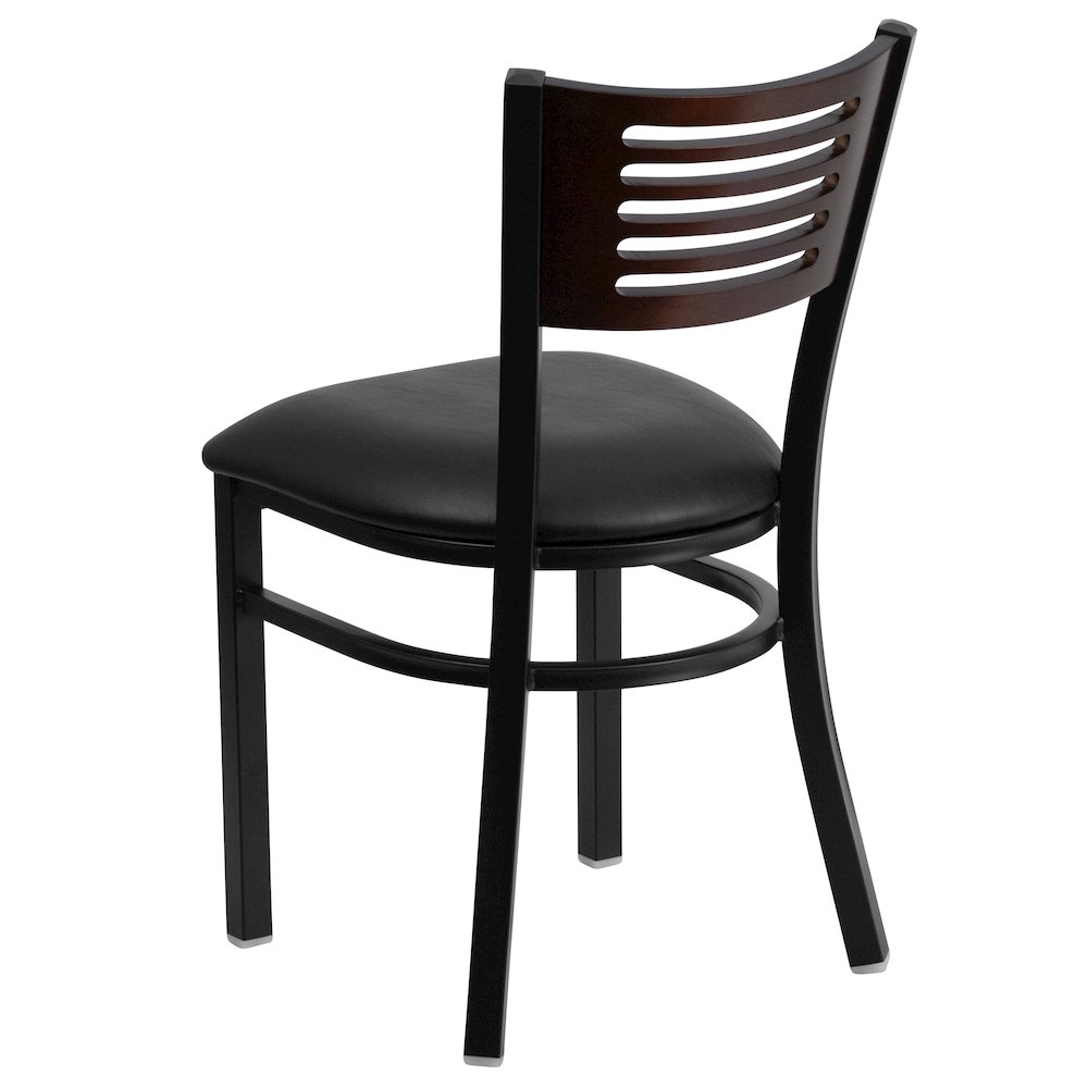 Black Slat Back Metal Restaurant Chair - Walnut Wood Back, Black Vinyl Seat. Picture 5