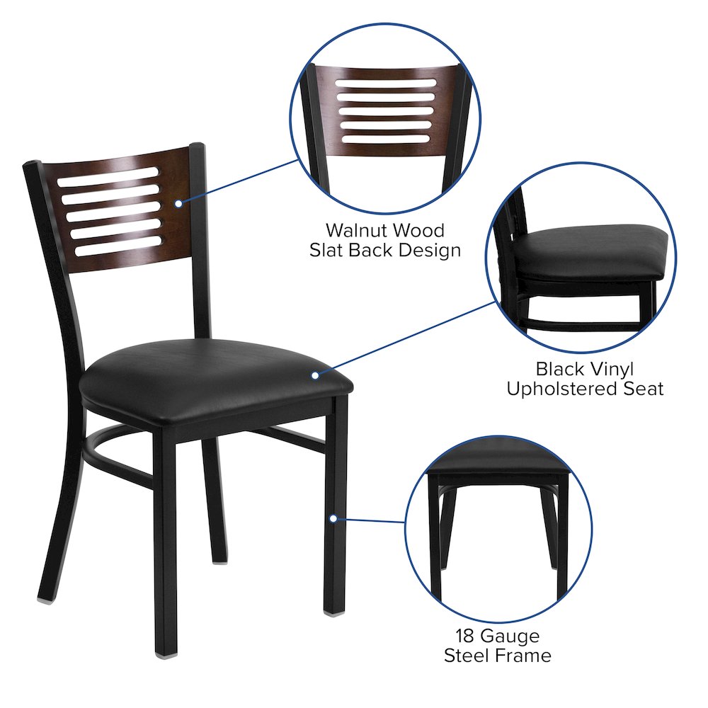 Black Slat Back Metal Restaurant Chair - Walnut Wood Back, Black Vinyl Seat. Picture 6