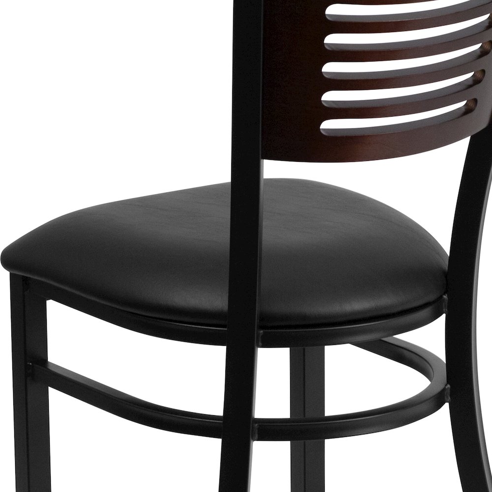 Black Slat Back Metal Restaurant Chair - Walnut Wood Back, Black Vinyl Seat. Picture 10
