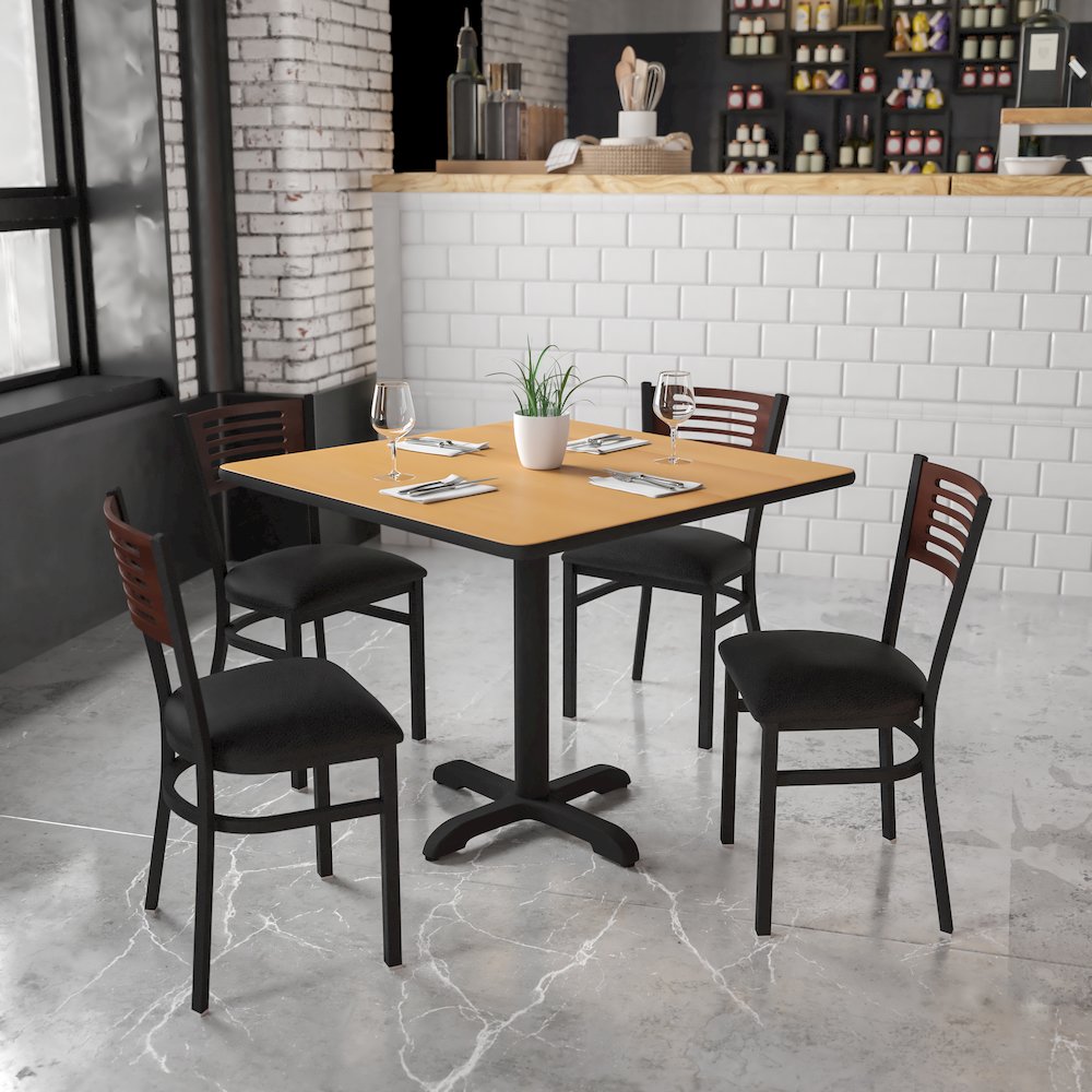 Black Slat Back Metal Restaurant Chair - Walnut Wood Back, Black Vinyl Seat. Picture 2