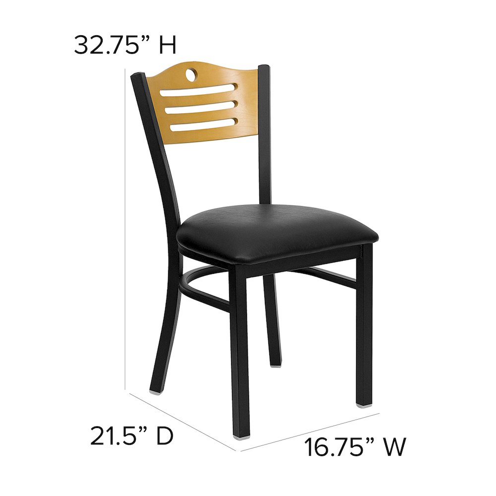 Black Slat Back Metal Restaurant Chair - Natural Wood Back, Black Vinyl Seat. Picture 5