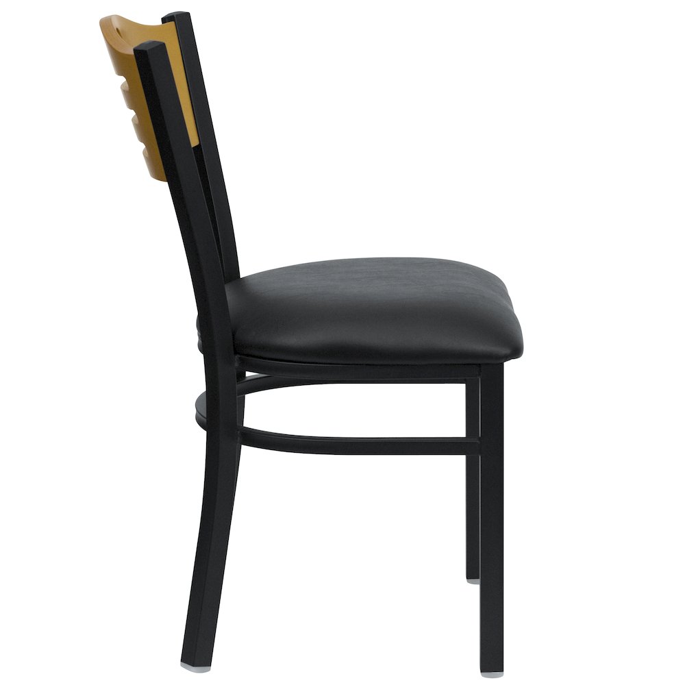 Black Slat Back Metal Restaurant Chair - Natural Wood Back, Black Vinyl Seat. Picture 8