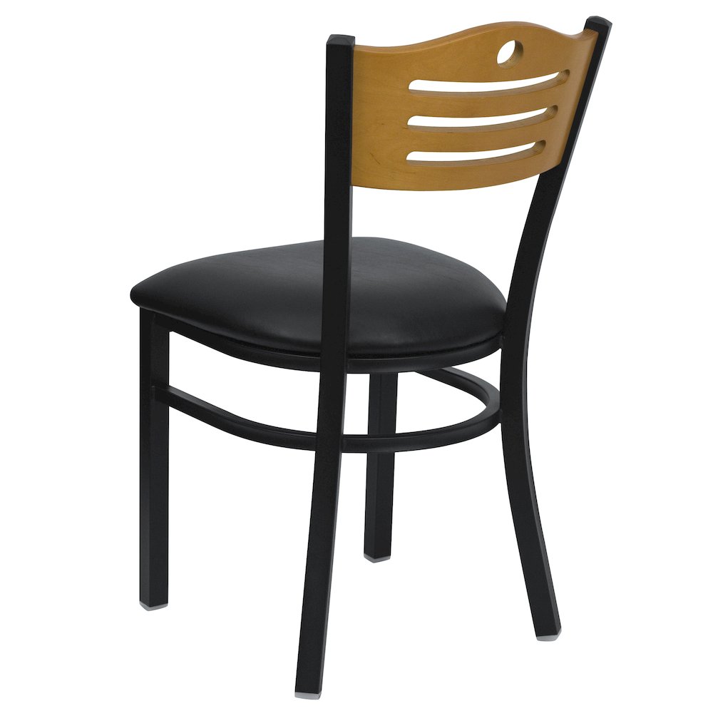 Black Slat Back Metal Restaurant Chair - Natural Wood Back, Black Vinyl Seat. Picture 6