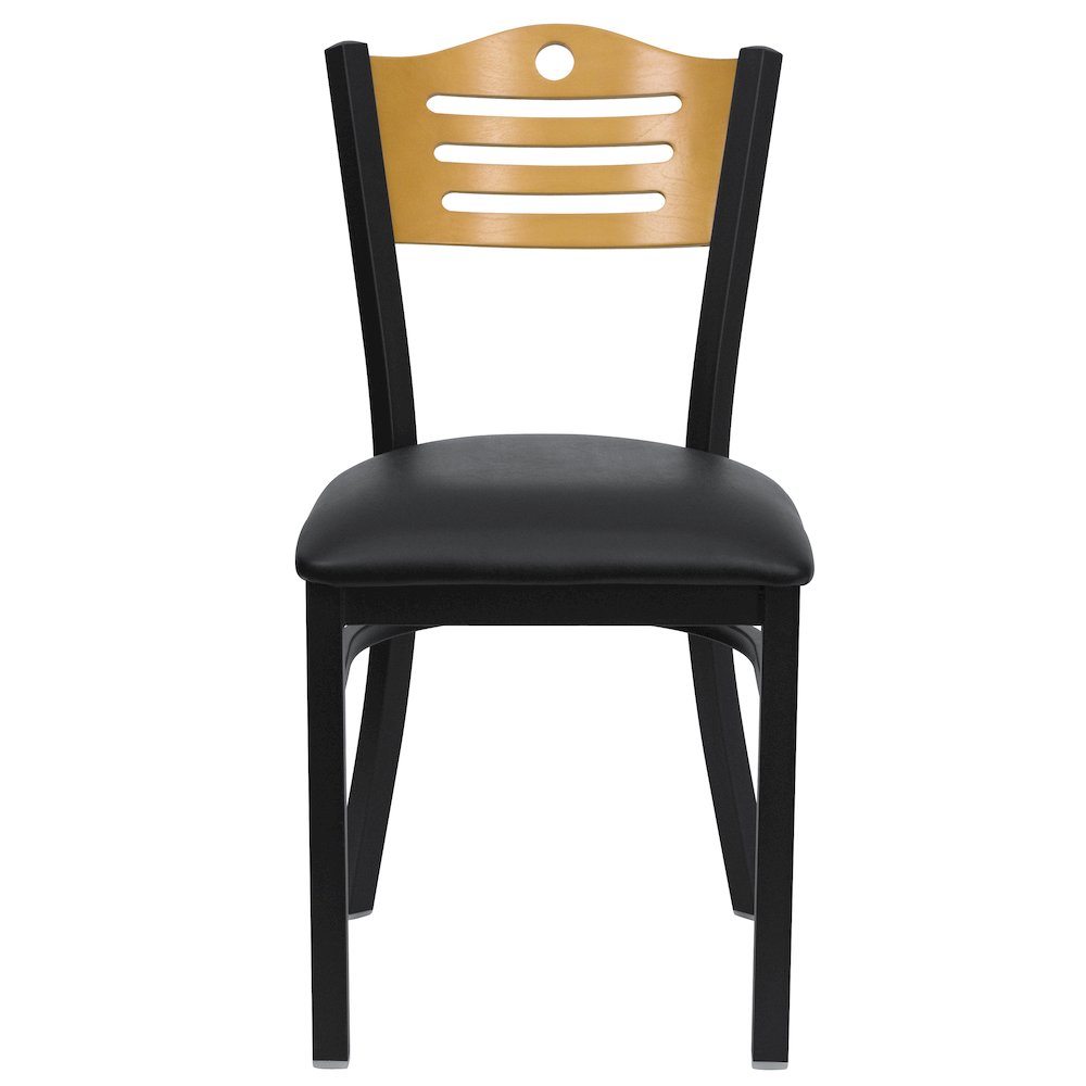 Black Slat Back Metal Restaurant Chair - Natural Wood Back, Black Vinyl Seat. Picture 9