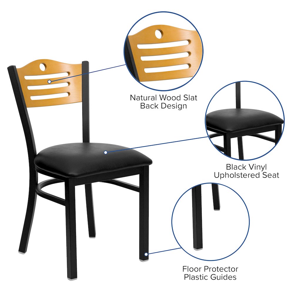 Black Slat Back Metal Restaurant Chair - Natural Wood Back, Black Vinyl Seat. Picture 4