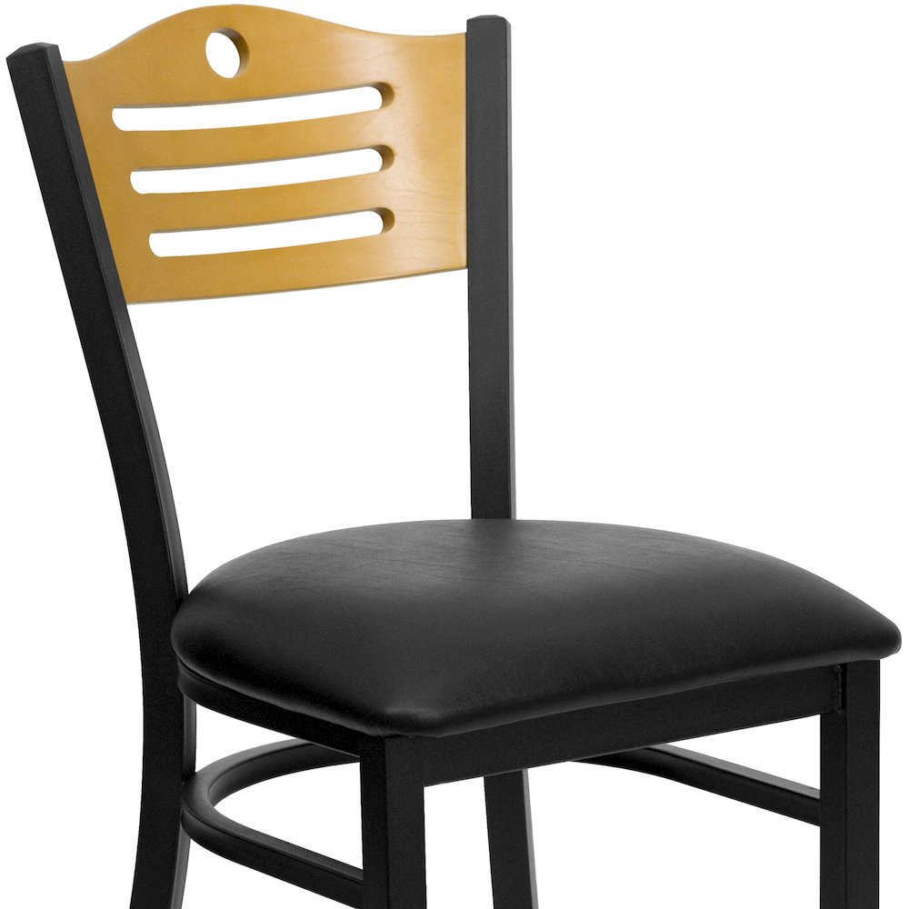Black Slat Back Metal Restaurant Chair - Natural Wood Back, Black Vinyl Seat. Picture 7
