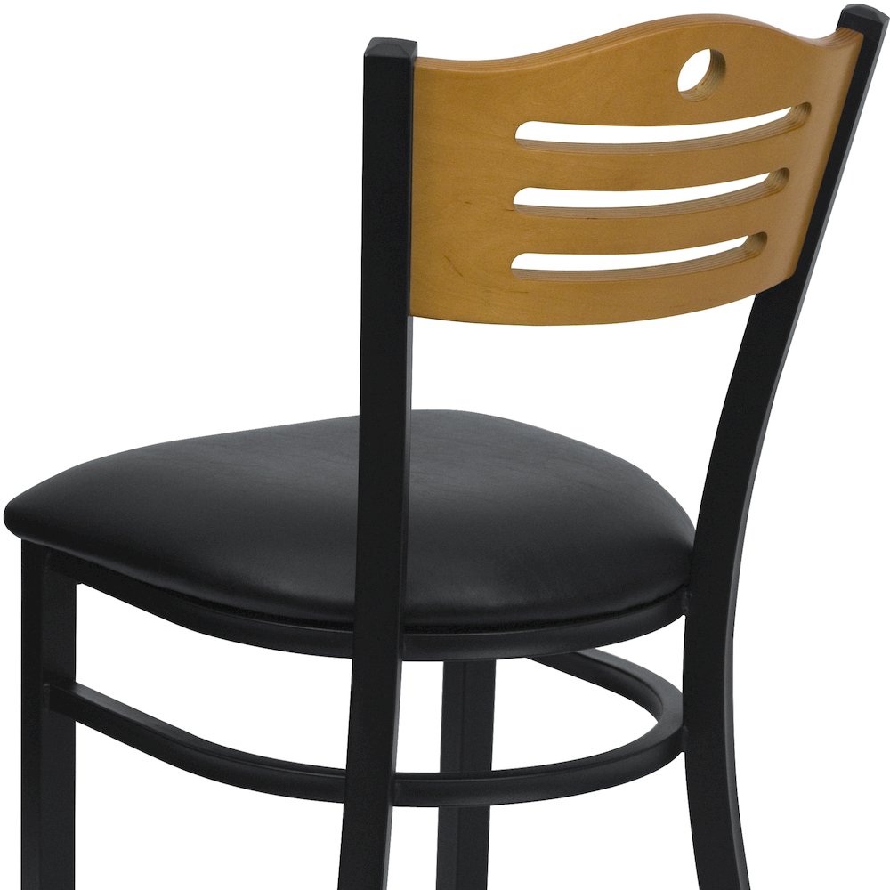 Black Slat Back Metal Restaurant Chair - Natural Wood Back, Black Vinyl Seat. Picture 10