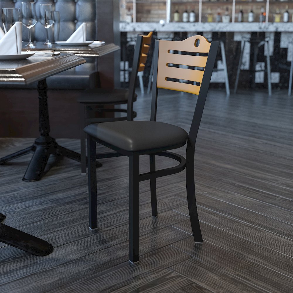 Black Slat Back Metal Restaurant Chair - Natural Wood Back, Black Vinyl Seat. Picture 2