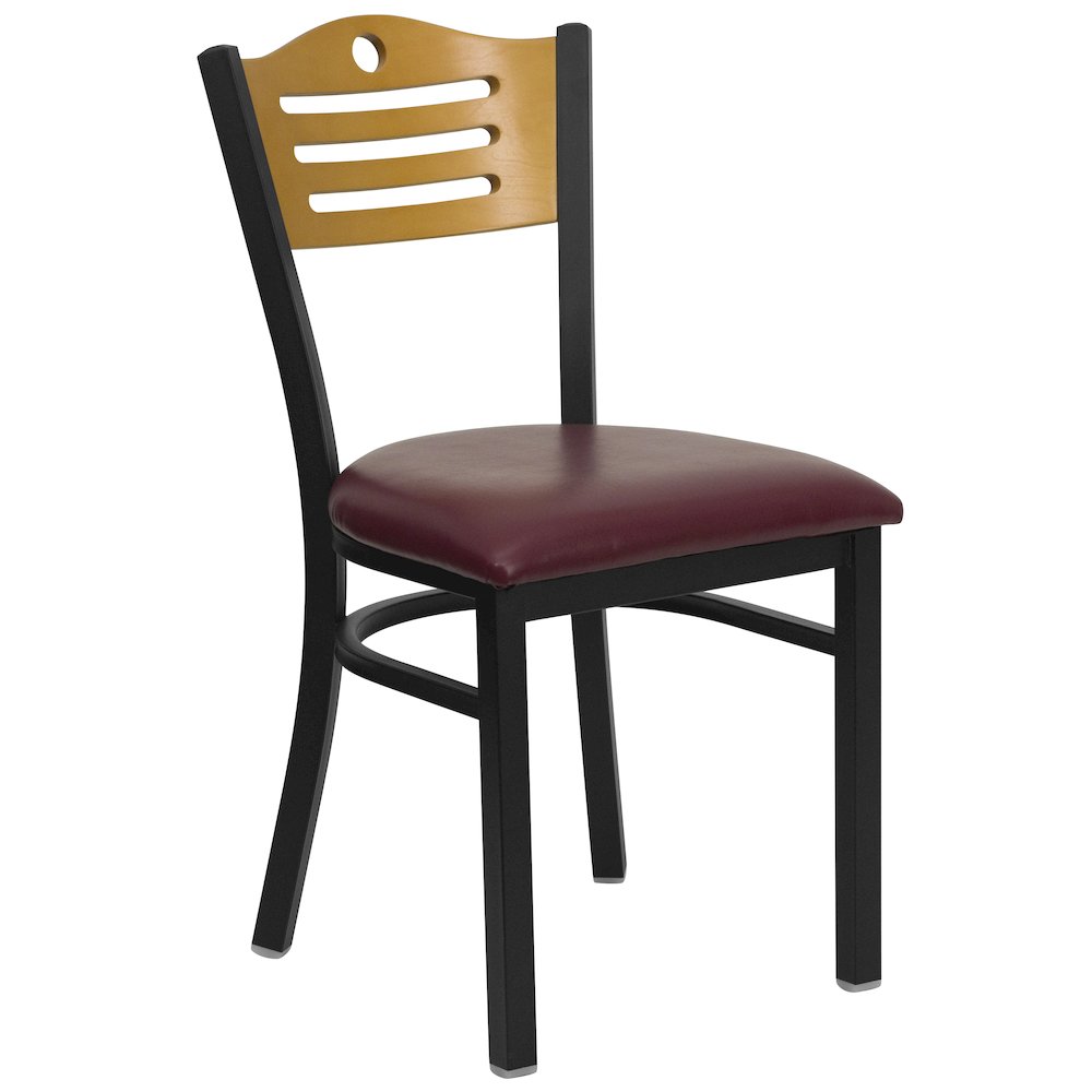 Black Slat Back Metal Restaurant Chair - Natural Wood Back, Burgundy Vinyl Seat. Picture 1