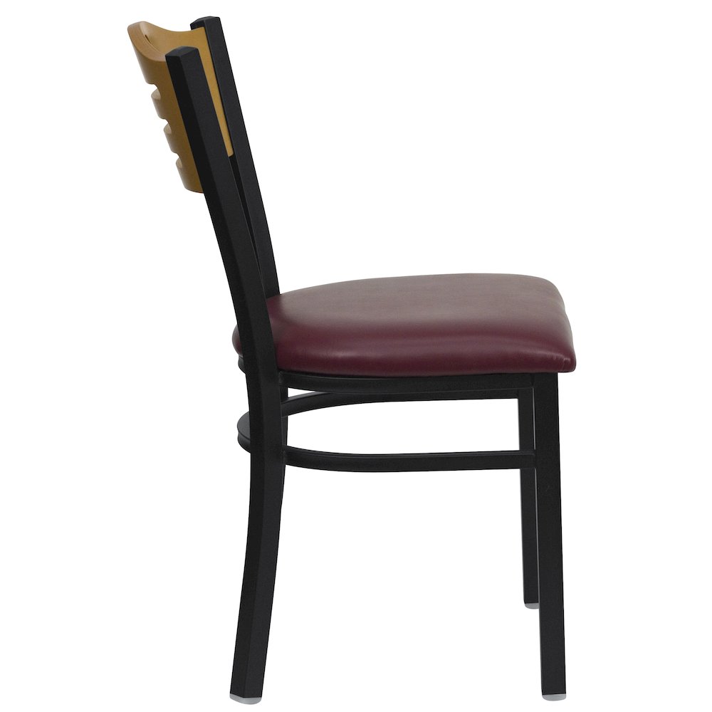 Black Slat Back Metal Restaurant Chair - Natural Wood Back, Burgundy Vinyl Seat. Picture 5