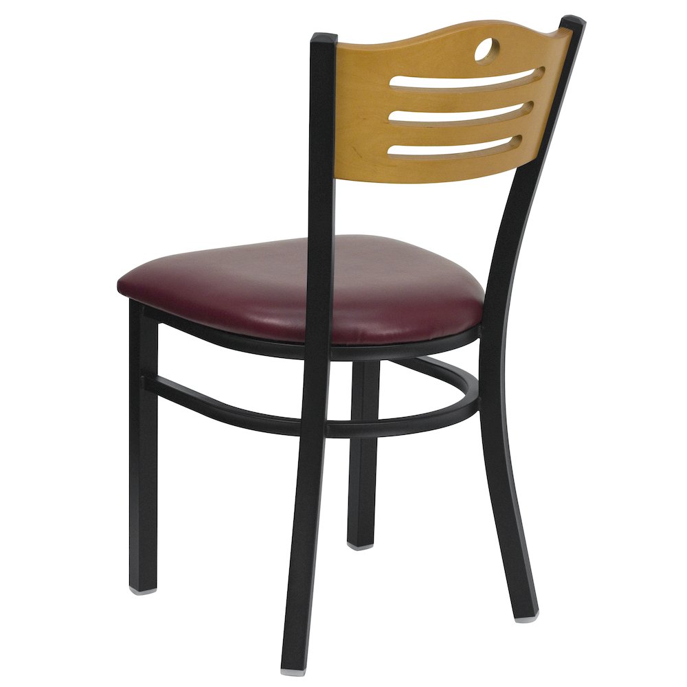 Black Slat Back Metal Restaurant Chair - Natural Wood Back, Burgundy Vinyl Seat. Picture 4