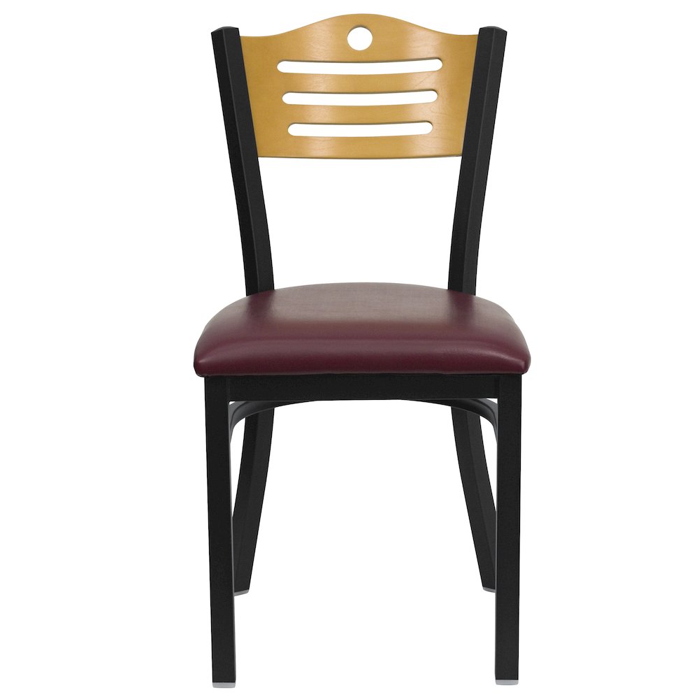 Black Slat Back Metal Restaurant Chair - Natural Wood Back, Burgundy Vinyl Seat. Picture 6