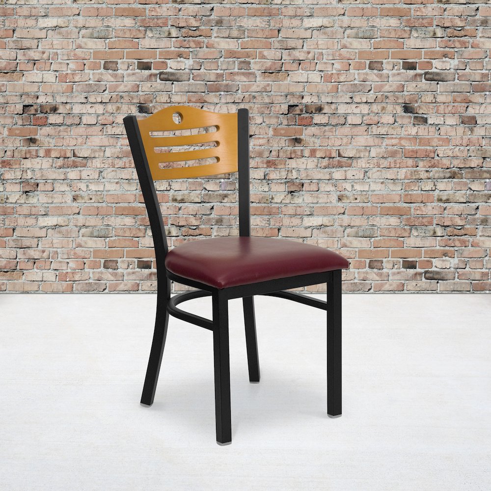 Black Slat Back Metal Restaurant Chair - Natural Wood Back, Burgundy Vinyl Seat. Picture 2