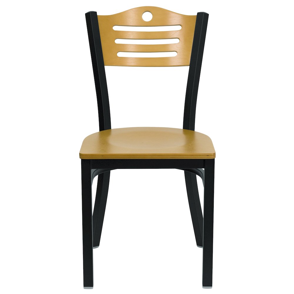 Black Slat Back Metal Restaurant Chair - Natural Wood Back & Seat. Picture 9