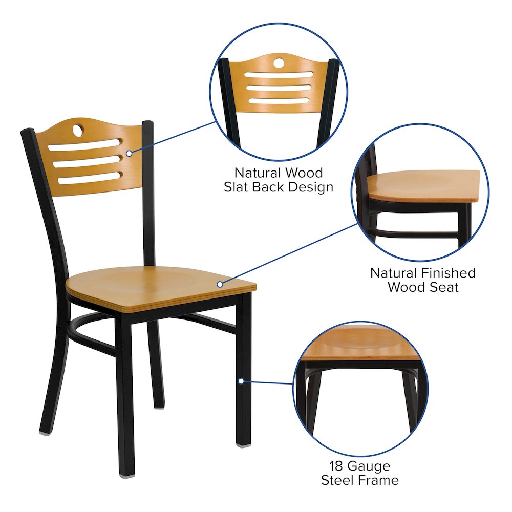 Black Slat Back Metal Restaurant Chair - Natural Wood Back & Seat. Picture 4