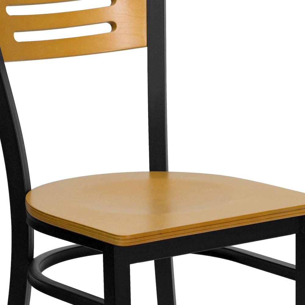 Black Slat Back Metal Restaurant Chair - Natural Wood Back & Seat. Picture 10