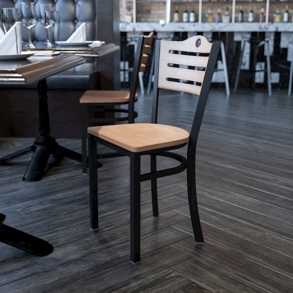 Black Slat Back Metal Restaurant Chair - Natural Wood Back & Seat. Picture 2