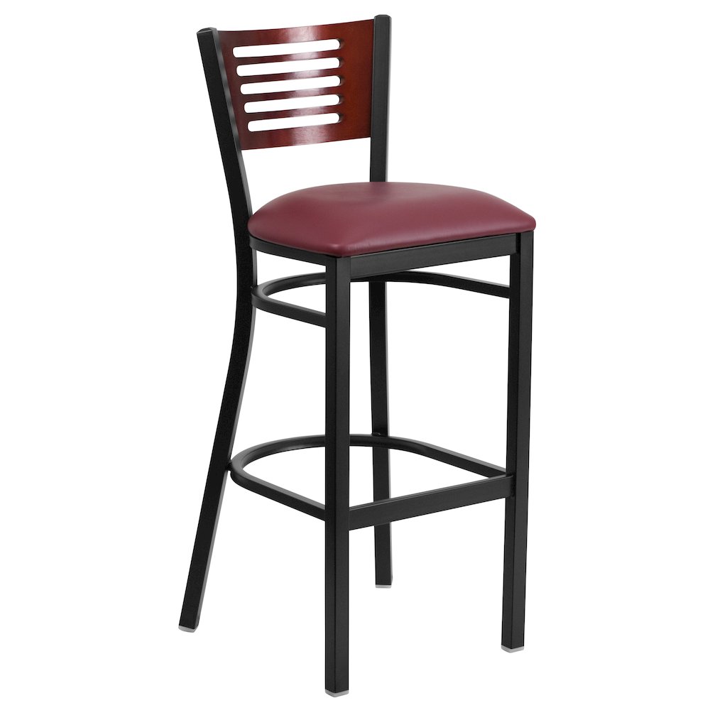 Back Metal Restaurant Barstool - Mahogany Wood Back, Burgundy Vinyl Seat. Picture 1