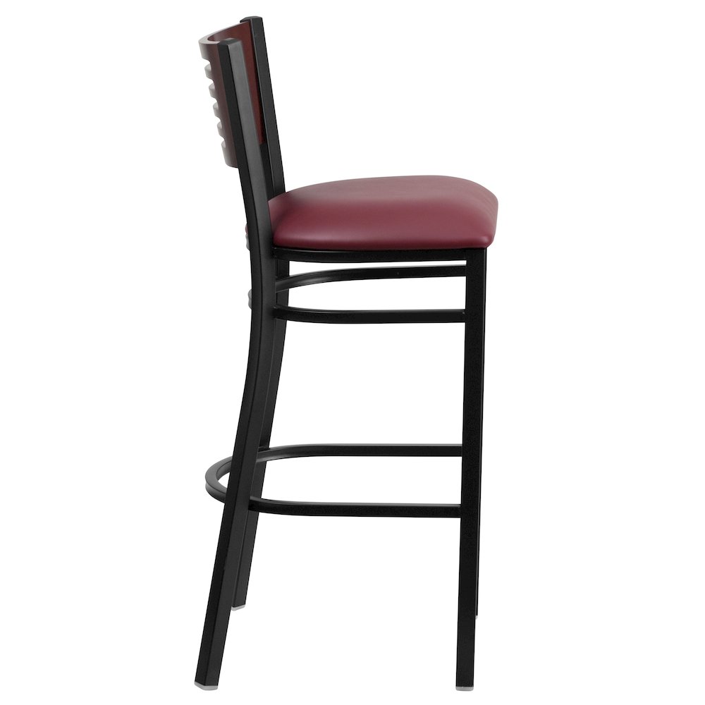 Back Metal Restaurant Barstool - Mahogany Wood Back, Burgundy Vinyl Seat. Picture 9