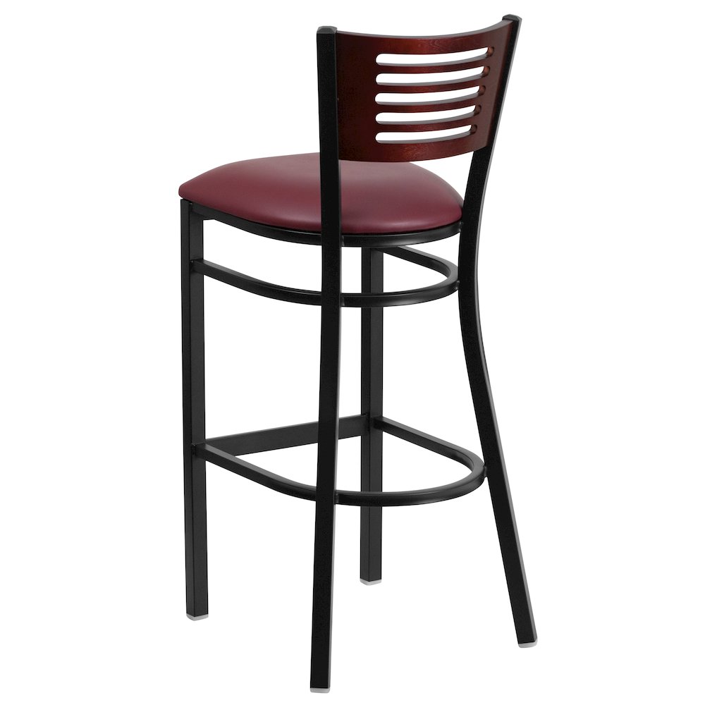 Back Metal Restaurant Barstool - Mahogany Wood Back, Burgundy Vinyl Seat. Picture 6