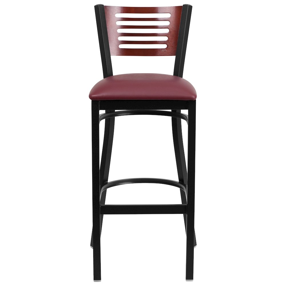 Back Metal Restaurant Barstool - Mahogany Wood Back, Burgundy Vinyl Seat. Picture 4