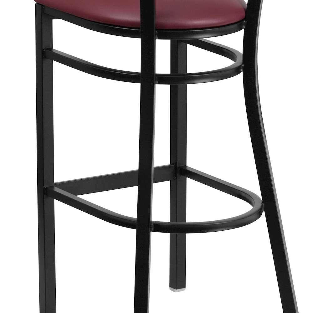 Back Metal Restaurant Barstool - Mahogany Wood Back, Burgundy Vinyl Seat. Picture 7