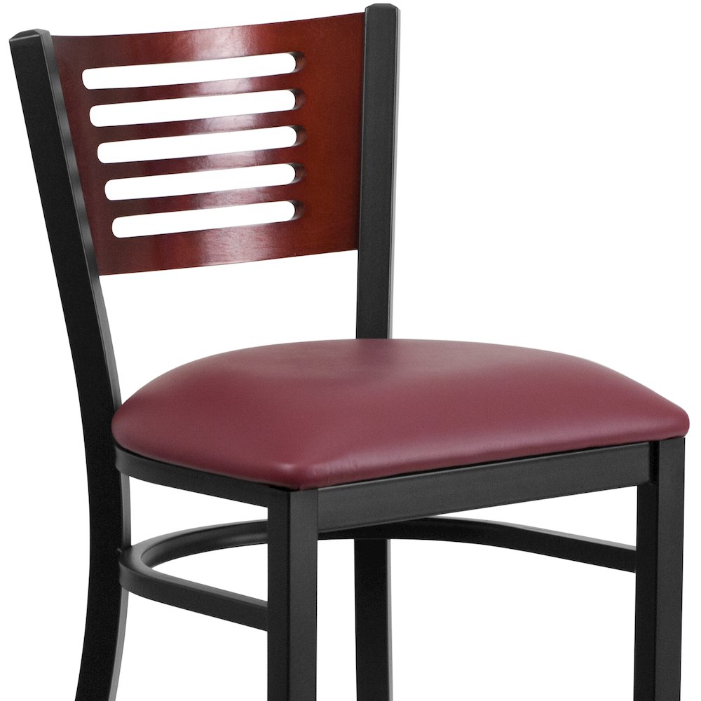 Back Metal Restaurant Barstool - Mahogany Wood Back, Burgundy Vinyl Seat. Picture 5