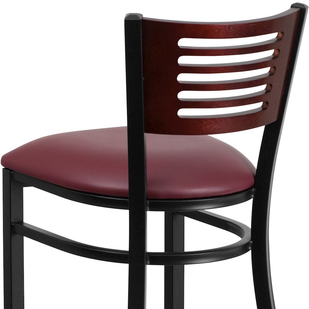 Back Metal Restaurant Barstool - Mahogany Wood Back, Burgundy Vinyl Seat. Picture 8