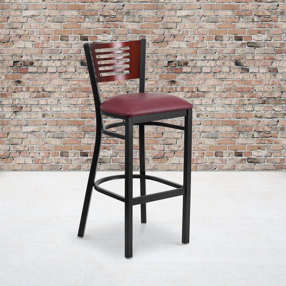 Back Metal Restaurant Barstool - Mahogany Wood Back, Burgundy Vinyl Seat. Picture 2