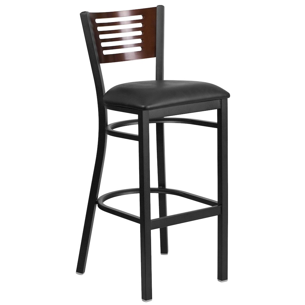 Black Slat Back Metal Restaurant Barstool - Walnut Wood Back, Black Vinyl Seat. Picture 1