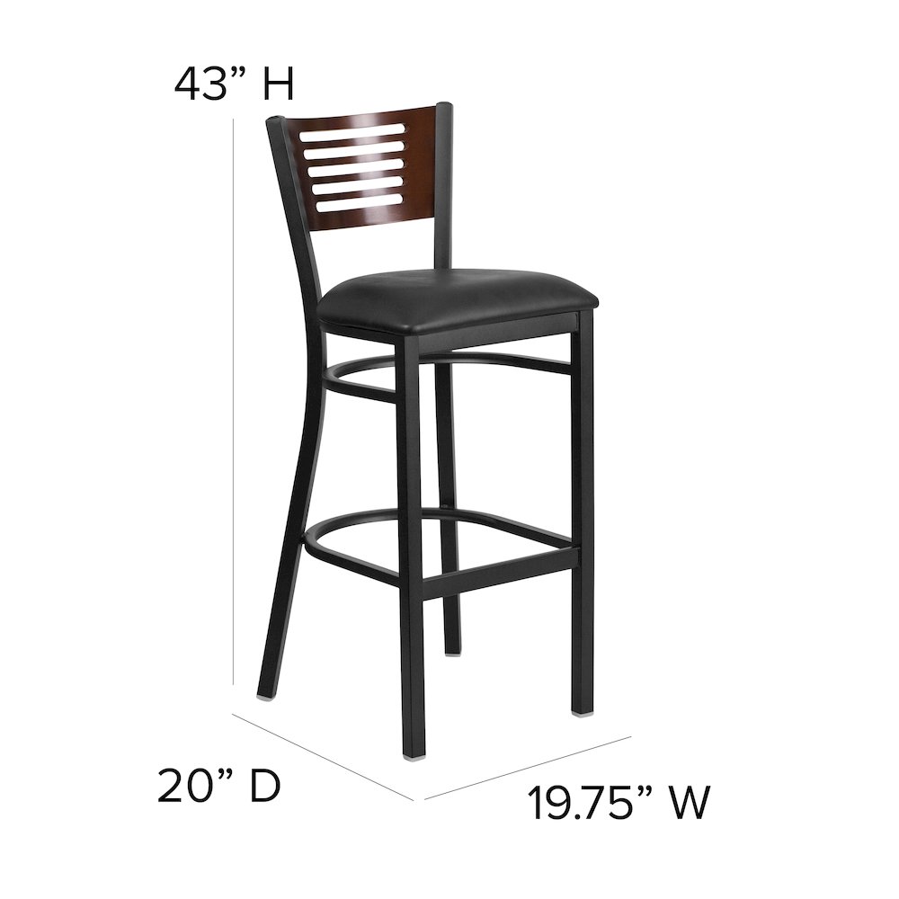 Black Slat Back Metal Restaurant Barstool - Walnut Wood Back, Black Vinyl Seat. Picture 6