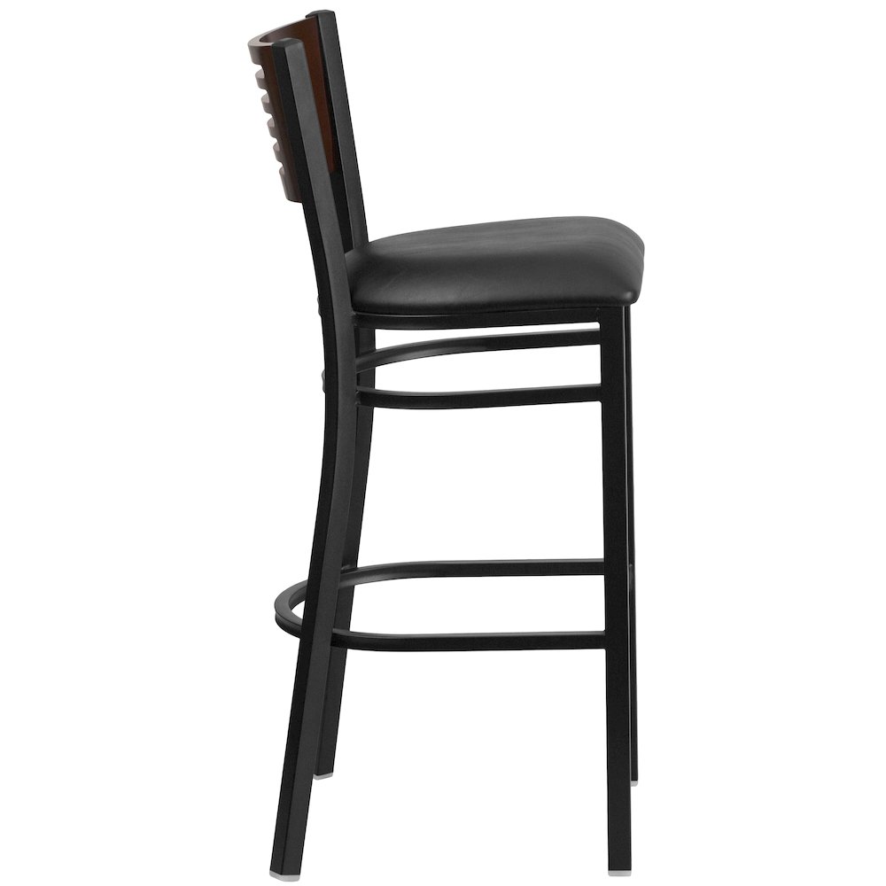 Black Slat Back Metal Restaurant Barstool - Walnut Wood Back, Black Vinyl Seat. Picture 9