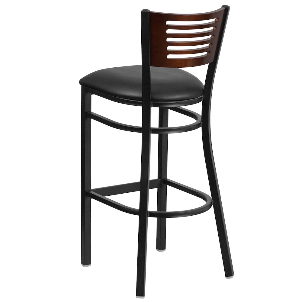 Black Slat Back Metal Restaurant Barstool - Walnut Wood Back, Black Vinyl Seat. Picture 7